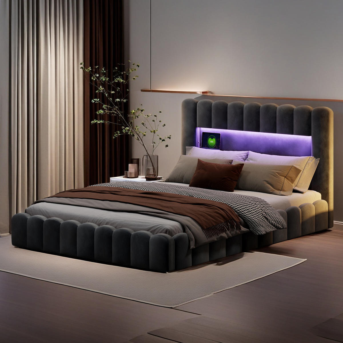 POLSTERBETT 180 x 200 cm, LED Lattenrost Kopfteil Samt grau - Grau, Holz (180/200cm)