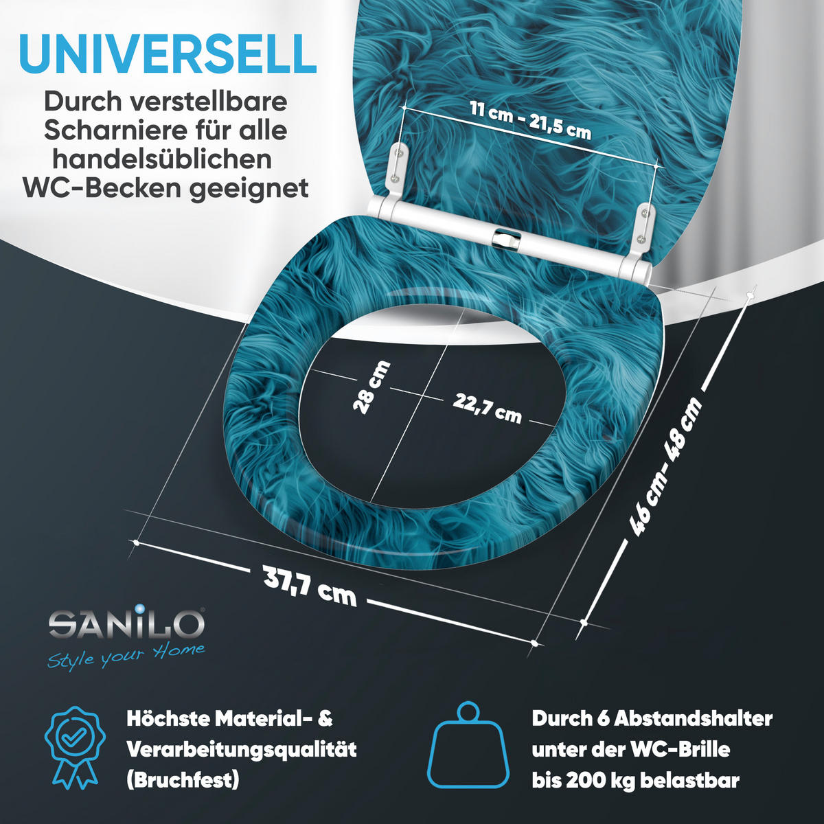 WC-SITZ mit Absenkautomatik & Top Fix Fluffy - Blau, Holzwerkstoff (37.7/5.5/48cm) - Sanilo