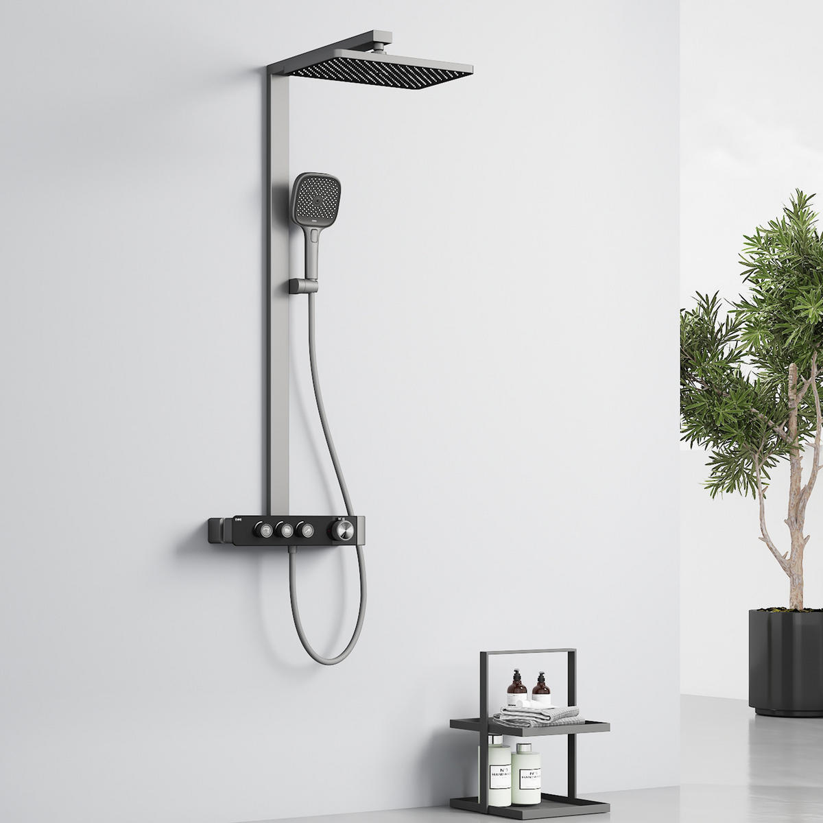 ÜBERKOPFBRAUSESET mit Dreiwege-Konstanttemperaturmischer Anthrazit Matt - Anthrazit, Metall (36/112/48.5cm) - EMKE