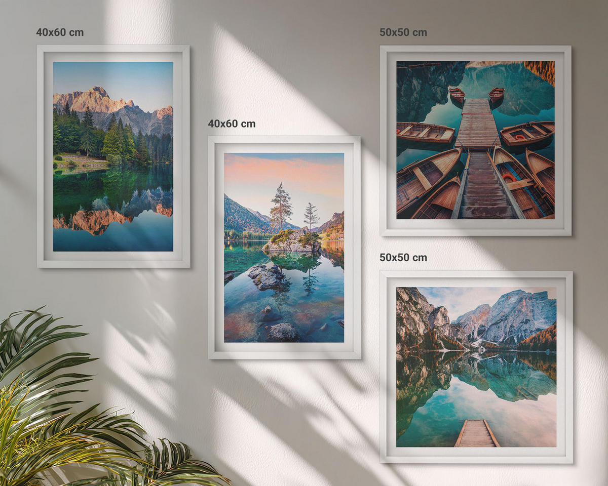BILDER SET 4er Set - 50x50 cm & 40x60 cm Weißer Rahmen - Spiegelung des Waldes in Bergseen - Weiß, Kunststoff (50/50cm) - TULUP