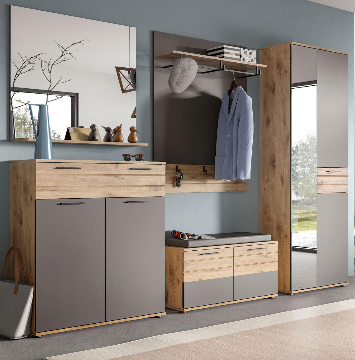 GARDEROBEN-SET Eiche, grau 5-teilig 280 cm mit Soft-Close - Eichefarben/Schwarz, Glas/Holzwerkstoff (195/200/37cm) - Inn.Furn