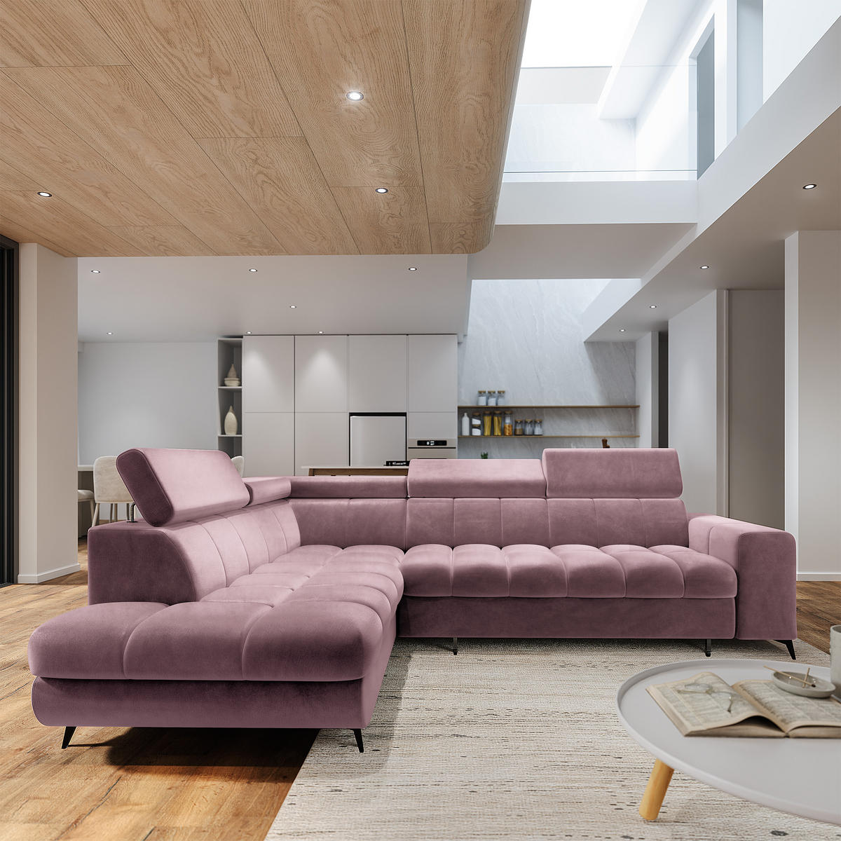 ECKSOFA MORIVA L-S Lila Velours-Stoff mit Schlaffunktion - Lila, Holz (253/190cm) - MASSENO