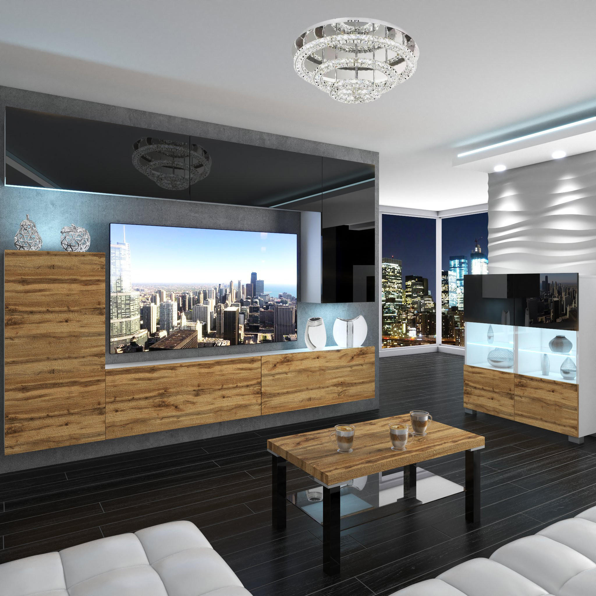 WOHNZIMMERWAND Schrankwand mit LED Schwarz ganzes Oberteil / Eiche Wotan - Schwarz/Braun, Holz (250/180/36cm) - B BELINI GROUP