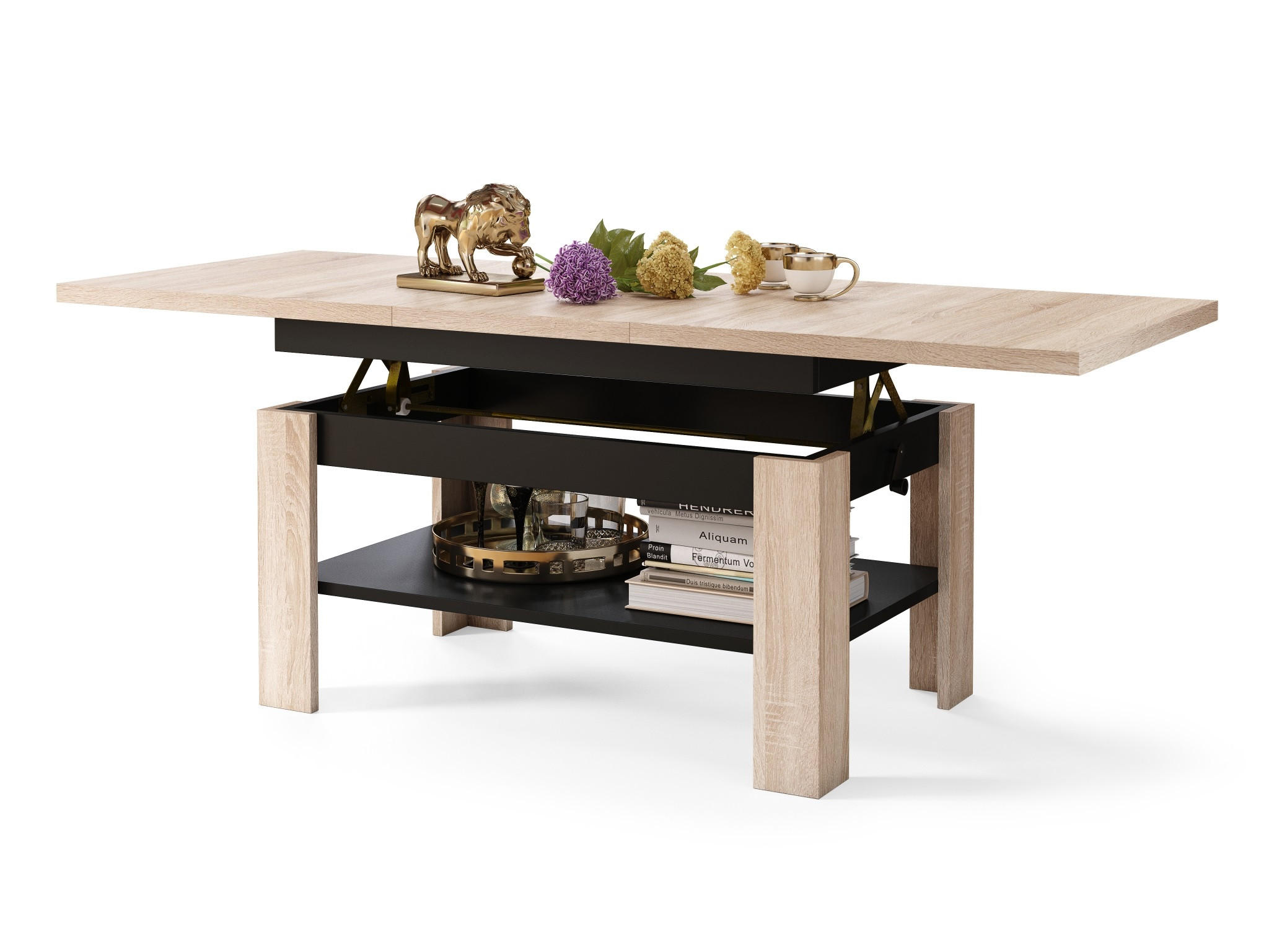COUCHTISCH rechteckig Sonoma Eiche - Schwarz ausziehbar höhenverstellbar - Schwarz/Sonoma Eiche, Holzwerkstoff (65/130/58cm) - designimpex