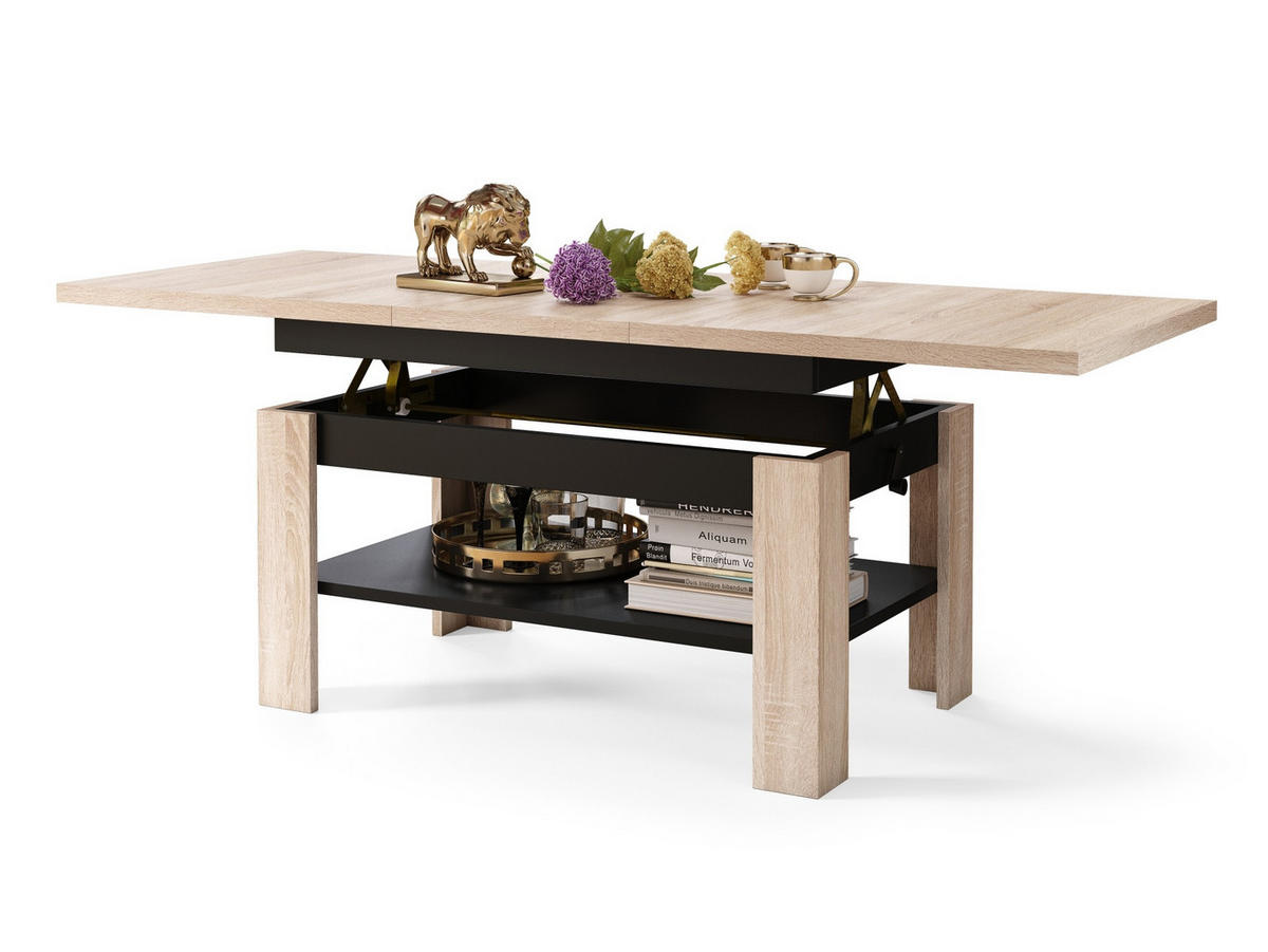 COUCHTISCH rechteckig Sonoma Eiche - Schwarz ausziehbar höhenverstellbar - Schwarz/Sonoma Eiche, Holzwerkstoff (65/130/58cm) - designimpex