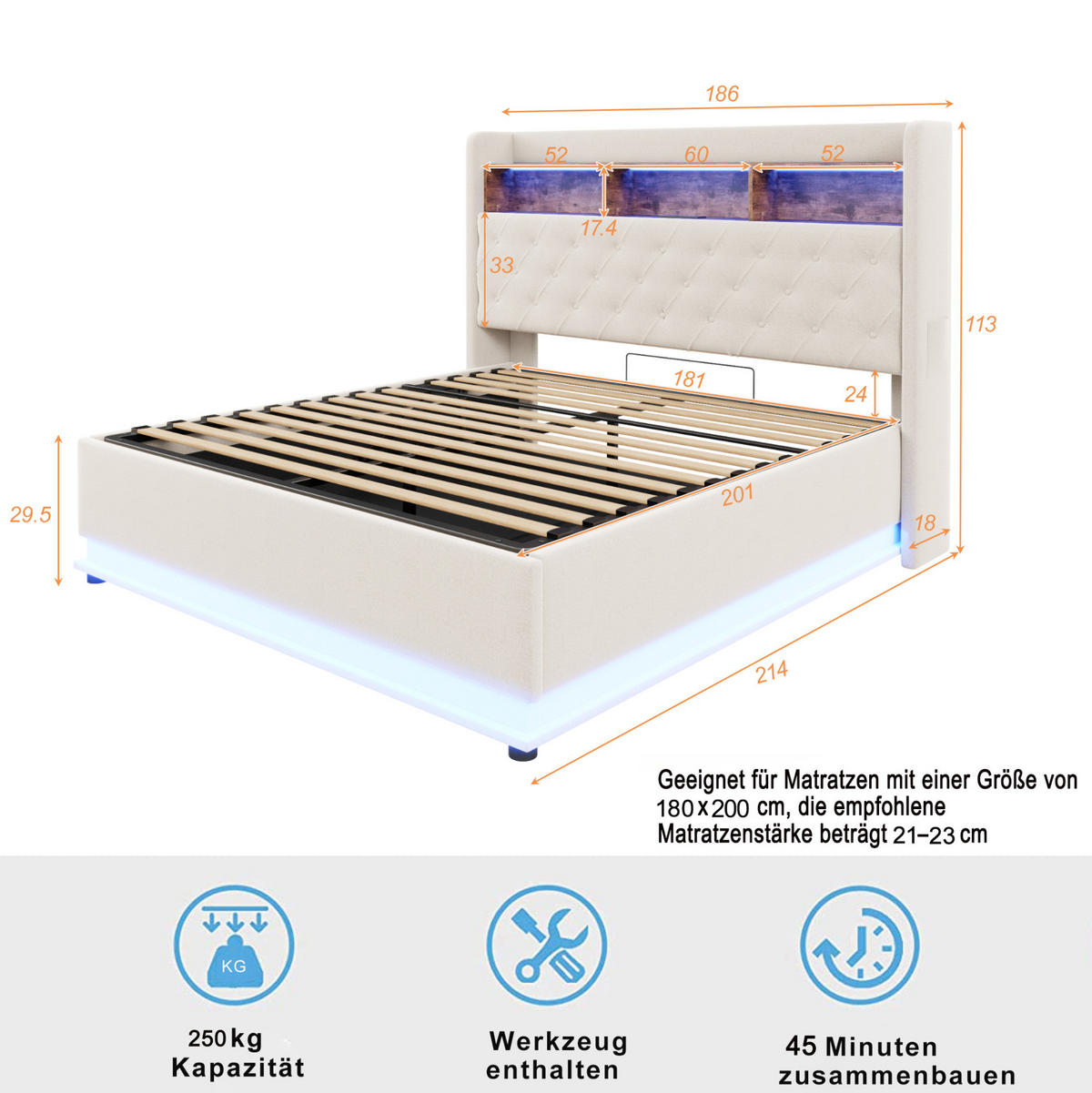 ČALÚNENÁ posteľ z látky 180x200 cm béžová s LED osvetlením, USB portom a hydraulickým úložným priestorom - béžová, textil (180/200cm) - Modfu