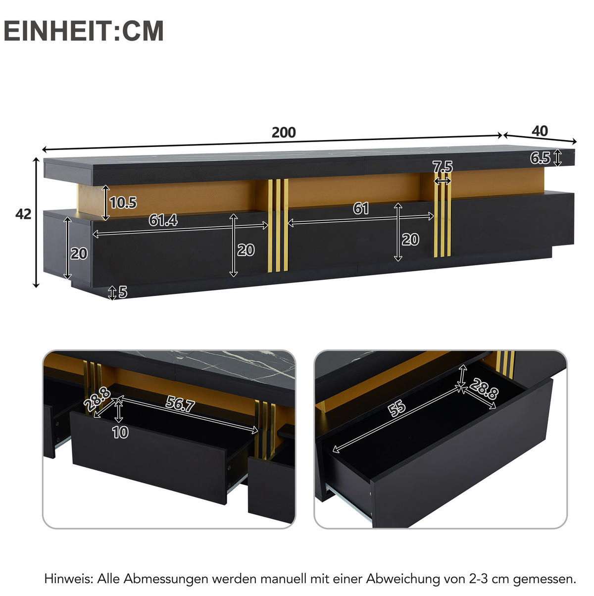 TV-ELEMENT mit 3 Schubladen 200 x 40 x 42 cm Schwarz - Schwarz, Holzwerkstoff (40/42/200cm) - Beauniv