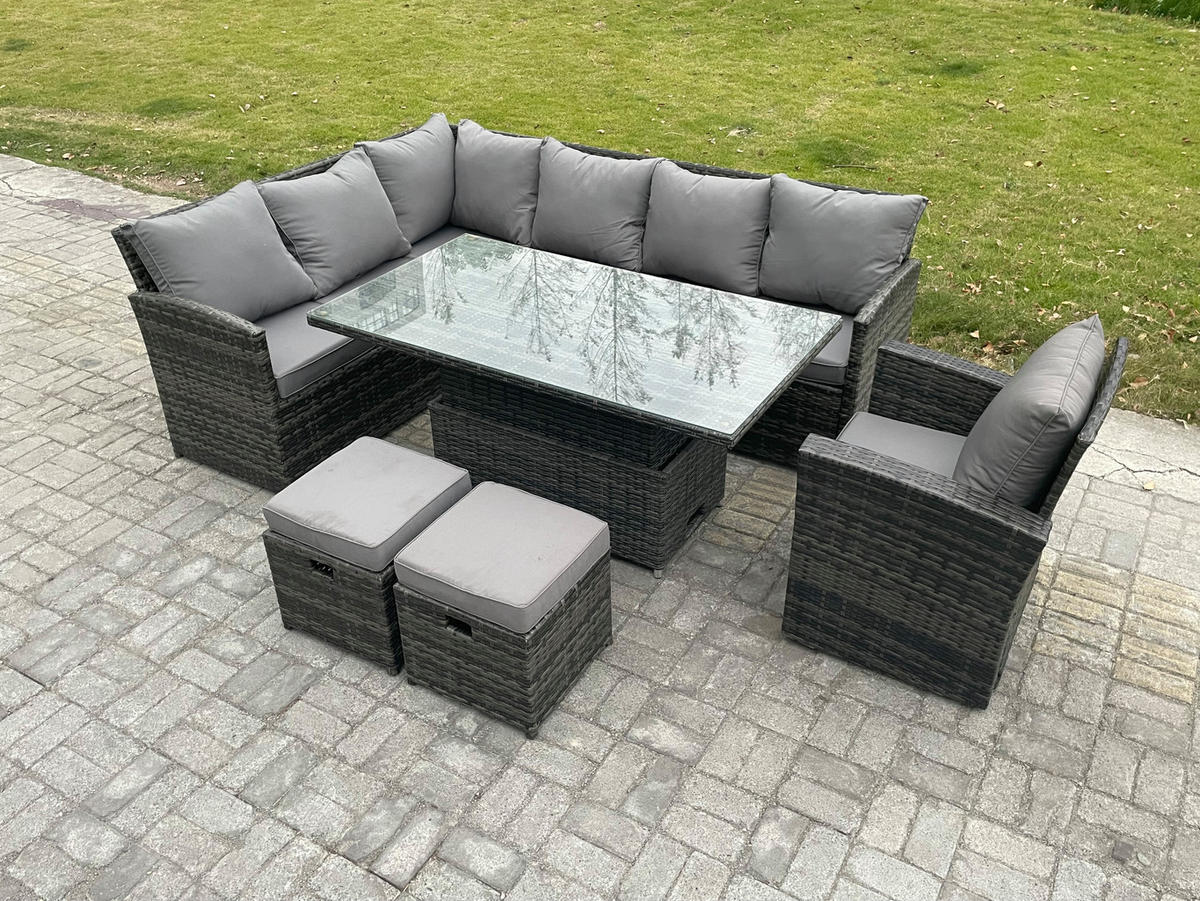GARTENSET mit Höhenverstellbarer Tisch Polyrattan Dunkelgrau 9-Sitzer - Dunkelgrau/Grau, Glas/Kunststoff - Fimous