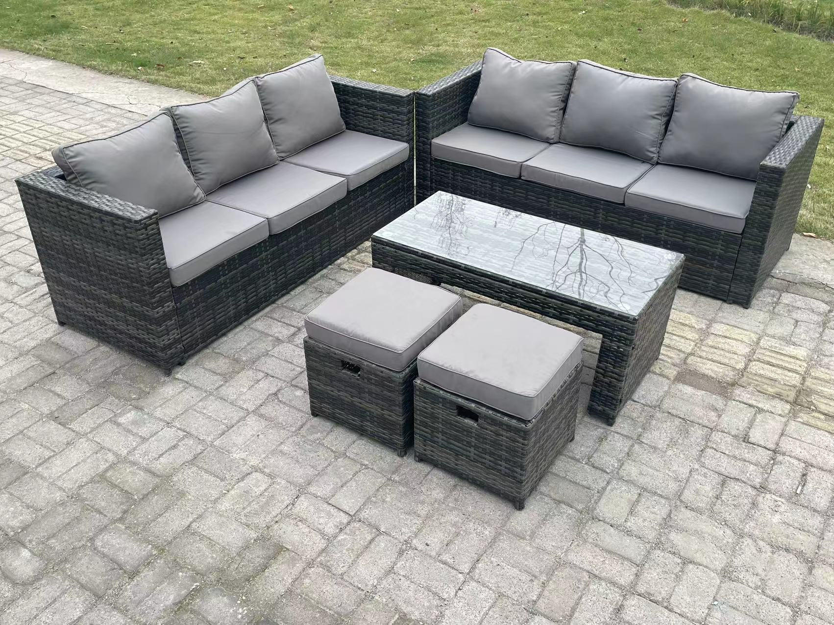 GARTENMÖBELSET mit Couchtisch Polyrattan 8-Sitzer - Dunkelgrau/Grau, Glas/Kunststoff - Fimous