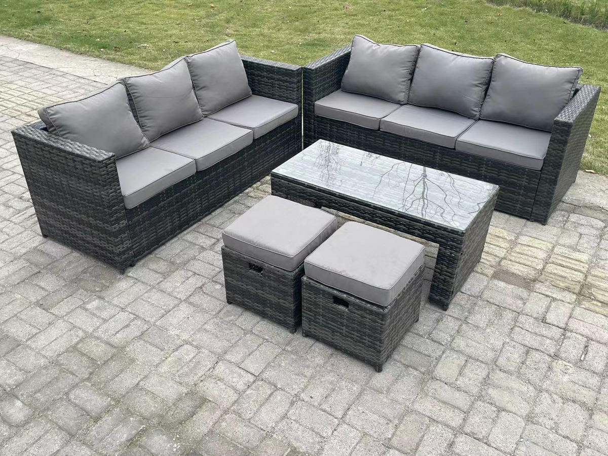 GARTENMÖBELSET mit Couchtisch Polyrattan 8-Sitzer - Dunkelgrau/Grau, Glas/Kunststoff - Fimous