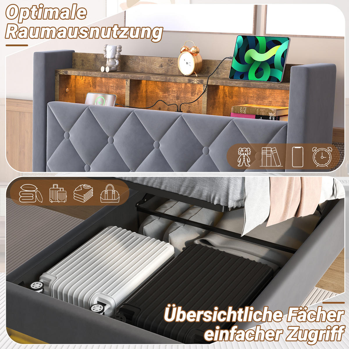 POLSTERBETT 90/200 cm in Grau, Samt, mit Bettkasten, USB, LED, ohne Matratze - Grau, Holzwerkstoff/Textil (90/200cm) - WISHDOR
