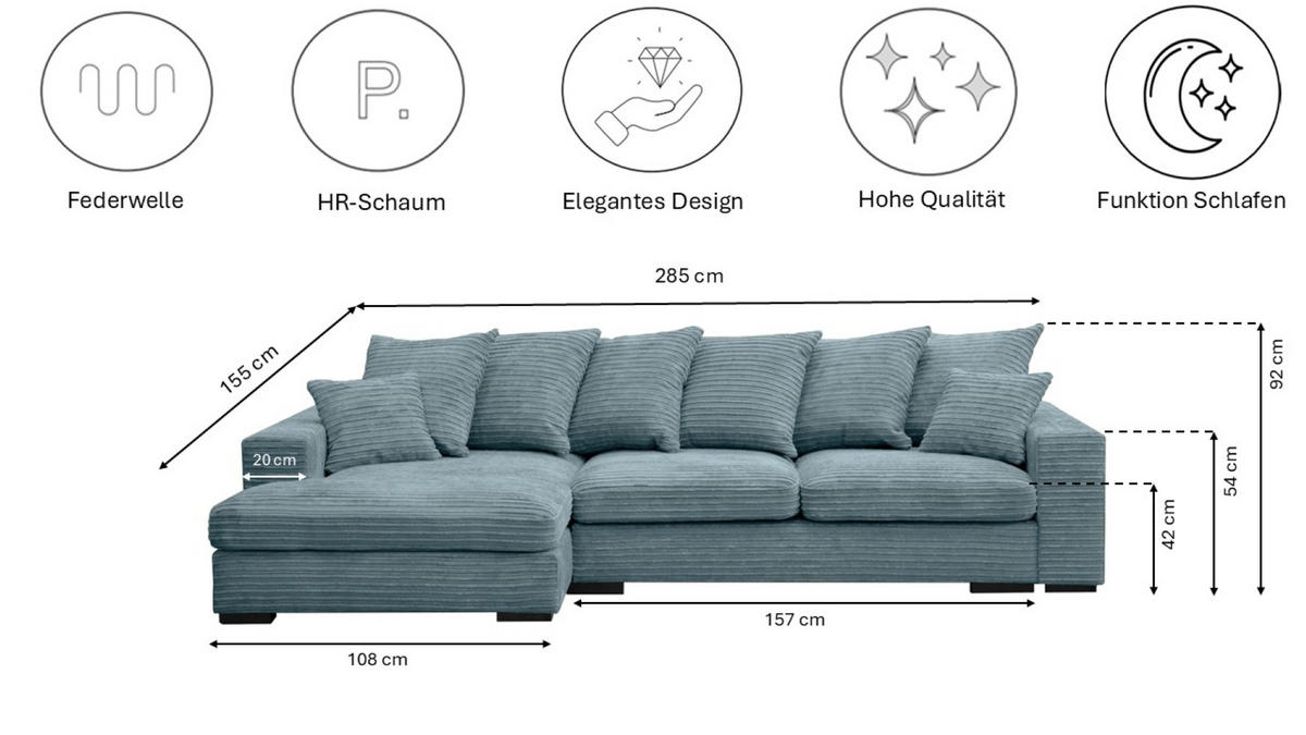 ECKSOFA Mit Schlaffunktion Und Bettkasten Couch L-form Gabon Stoff Zoom Hellblau Links - Hellblau, Holz (155/285cm) - Kaiser Möbel