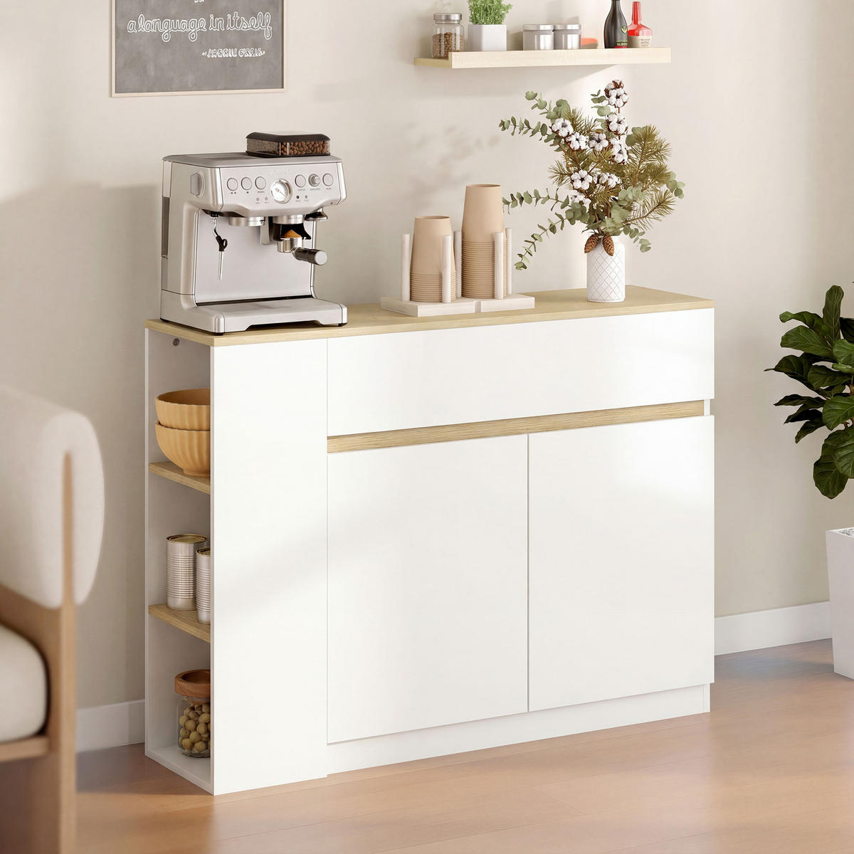 SIDEBOARD Weiß/Holzfarben, 110/29,5/82 cm - Weiß, Holz (110/82/29.5cm) - PANGIVO