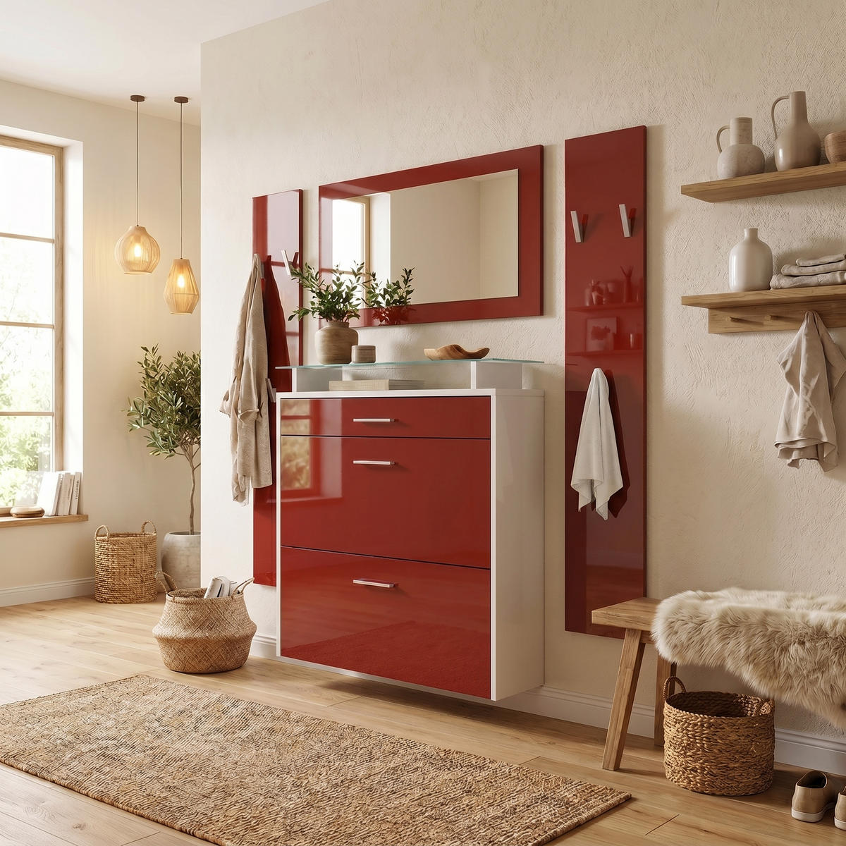 SET garderobe Malea Bijela mat/Bordo visoki sjaj - bordo, drvni materijal (180/180/23cm) - Vladon