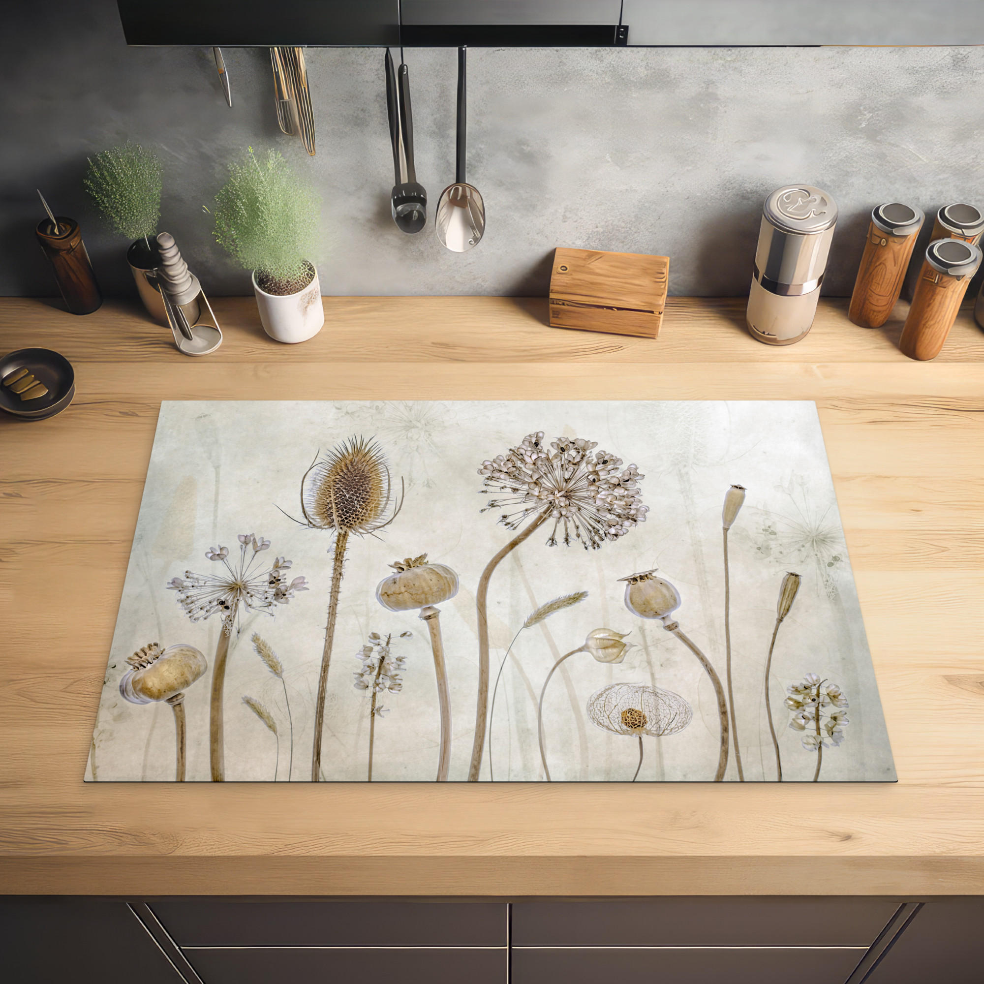HERDABDECKPLATTE Blumen - Aquarell - Stilleben - Braun - Vintage 77x51 cm - Sandfarben, Kunststoff (77/0.2/51cm) - MuchoWow