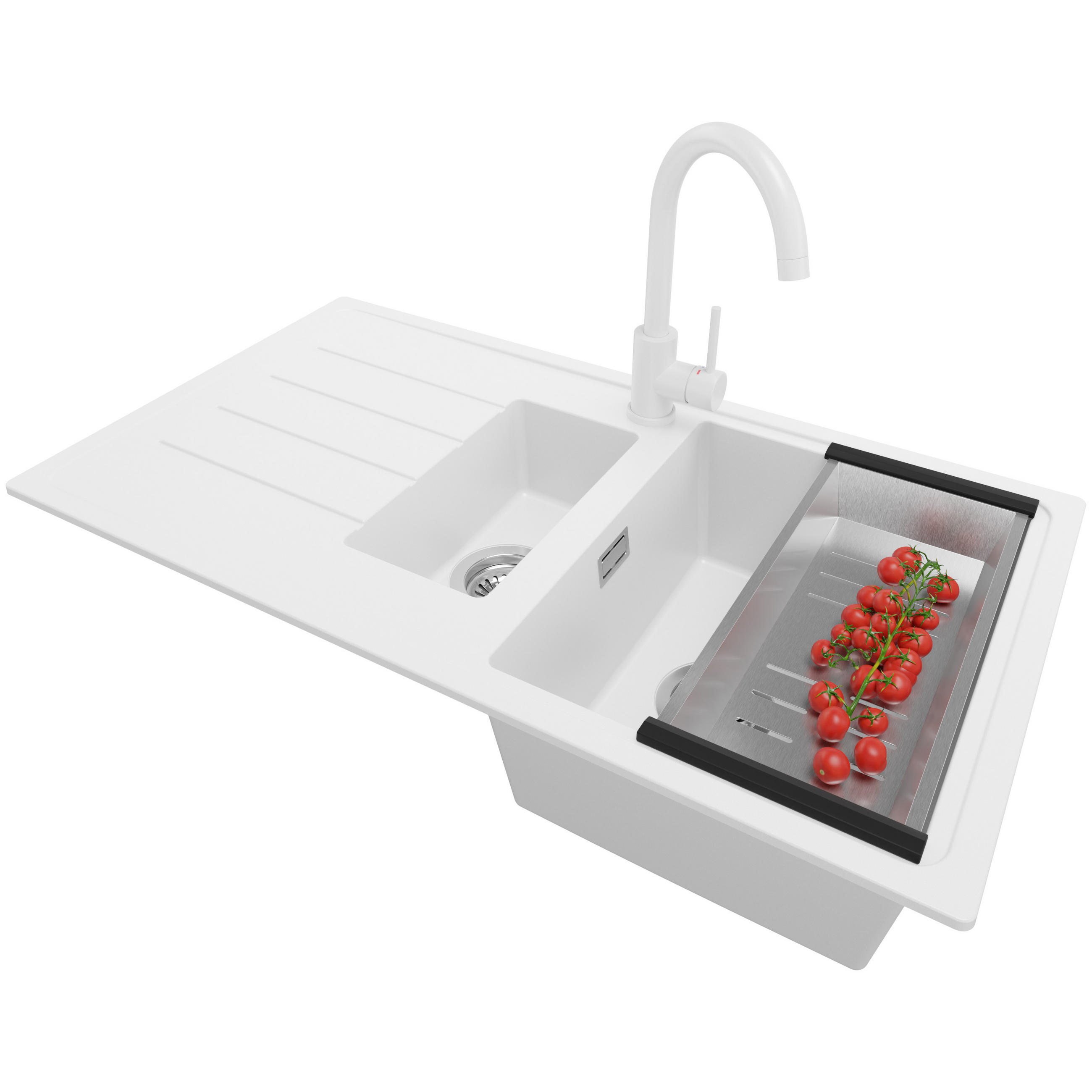GRANITSPÜLE - Kopenhagen, 3-er set Weiß 90/50 cm, 1,5 Becken + Küchenarmatur 32/20 cm + Ablauf-Set ab 60er Unterschrank - Chromfarben/Weiß, Kunststoff (90/19/48cm) - Primagran