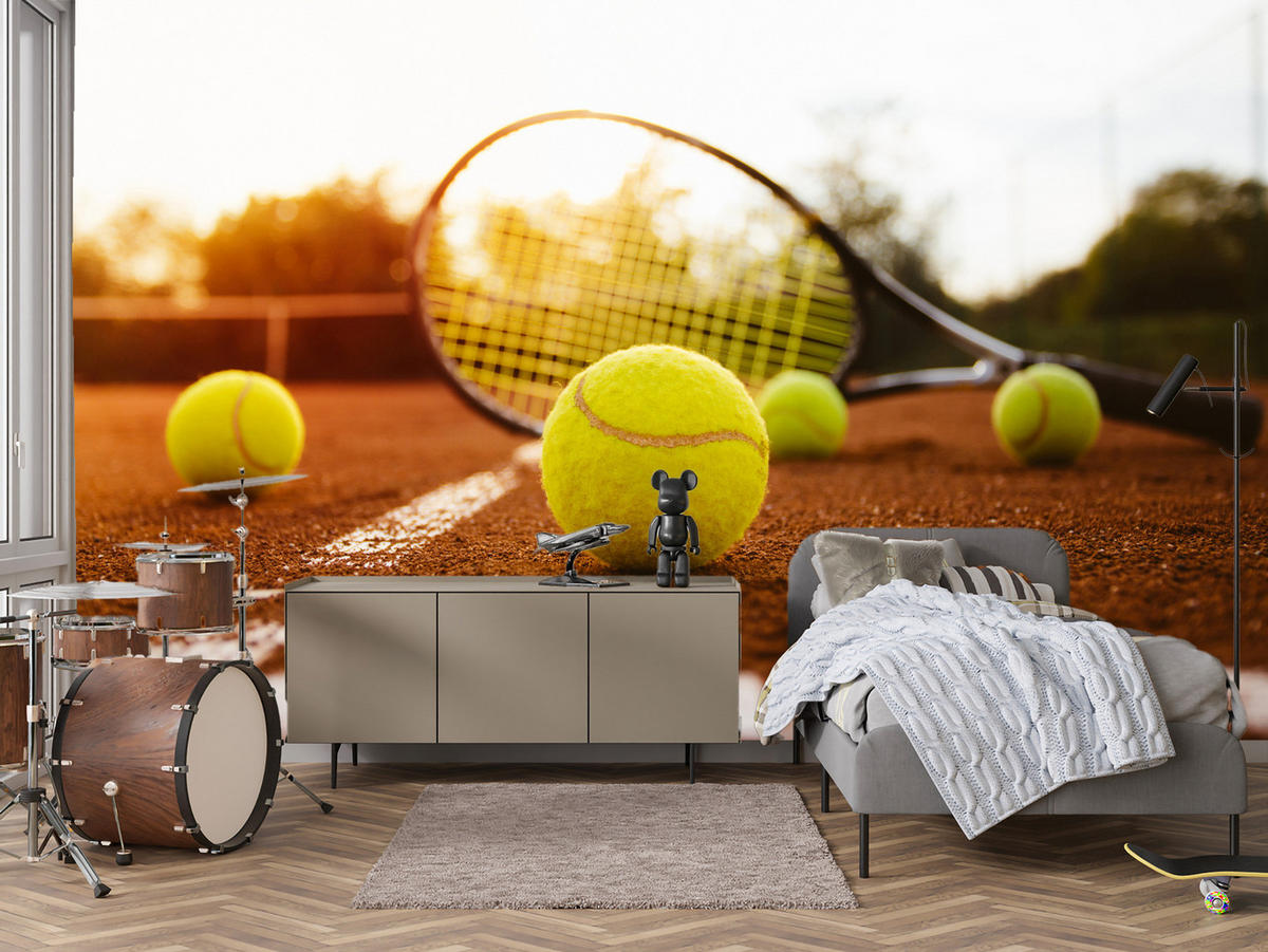 FOTOTAPETE für Jugendzimmer Tennisschläger Court Sport Ball 350x256 - Gelb/Orange, Papier (350/256cm) - Muralo