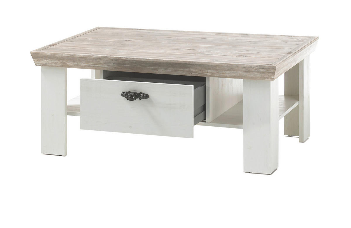 COUCHTISCH Pinie weiß, Oslo Pinie Landhaus, Beistelltisch mit Ablage 2 x Schubkasten, 109 x 69 cm - Weiß/Pinienfarben, Holzwerkstoff/Metall (109/69/45cm) - Furn.Design
