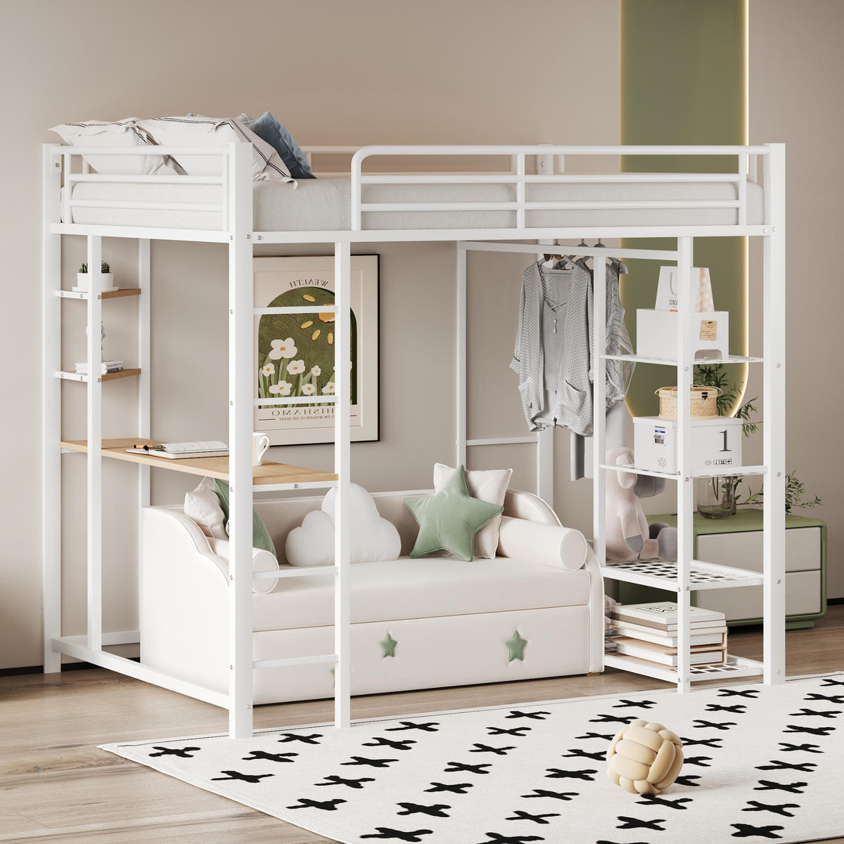 HOCHBETT aus Metall 90x200 cm in Weiß mit Schreibtisch & Kleiderstange - Weiß, Metall (90/200cm) - Modfu