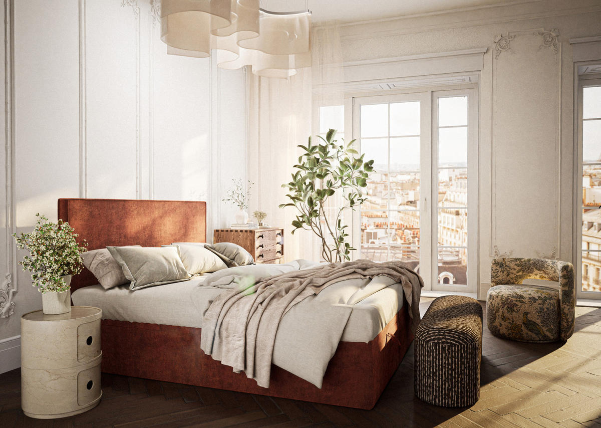 BOXBETT 200/200 cm Tegal, in Kupferfarbe, Matratze, gepolstertes Kopfteil, Bettkasten, H3 = fest - Schwarz/Kupferfarben, Holz/Holzwerkstoff (200/200cm) - Maison de Reve