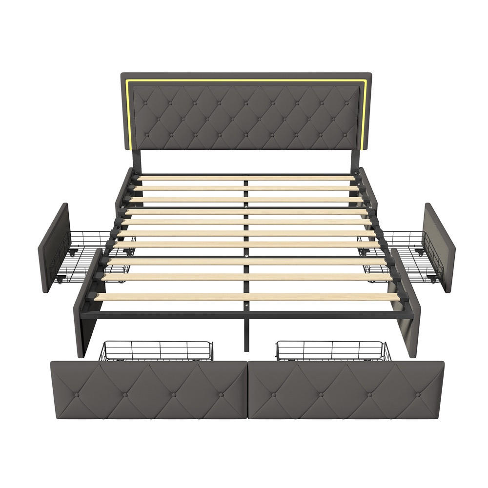 POLSTERBETT 140x200 cm - Doppelbett mit 4 Schubladen und LED-Kopfteilbeleuchtung - Grau - ohne Matratze - Grau, Textil (140/200cm) - DELFA