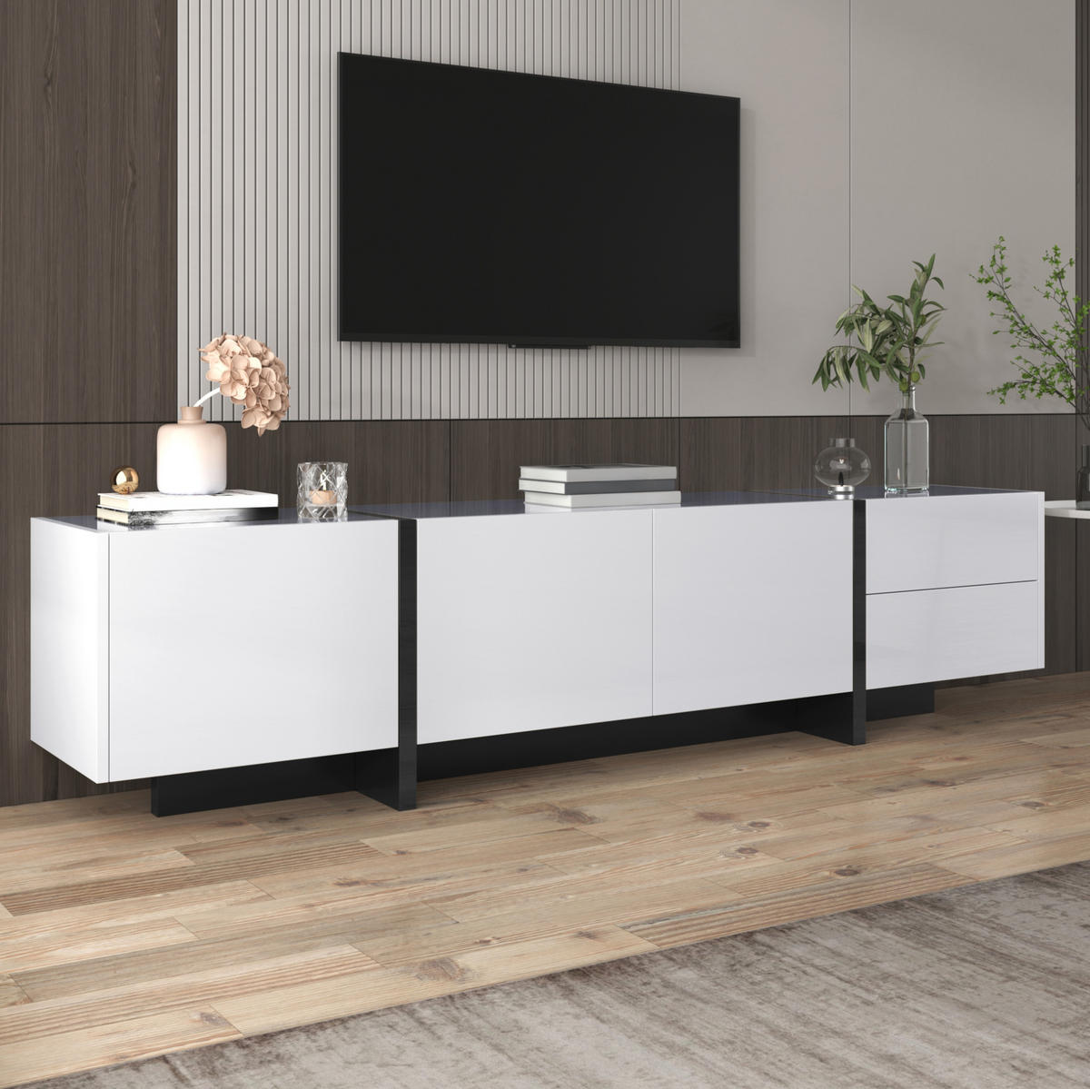 TV-ELEMENT mit 3 Türen und 2 Schubladen 190 x 35 x 45 cm Weiß/Schwarz - Weiß, Holzwerkstoff (35/35/190cm) - Beauniv