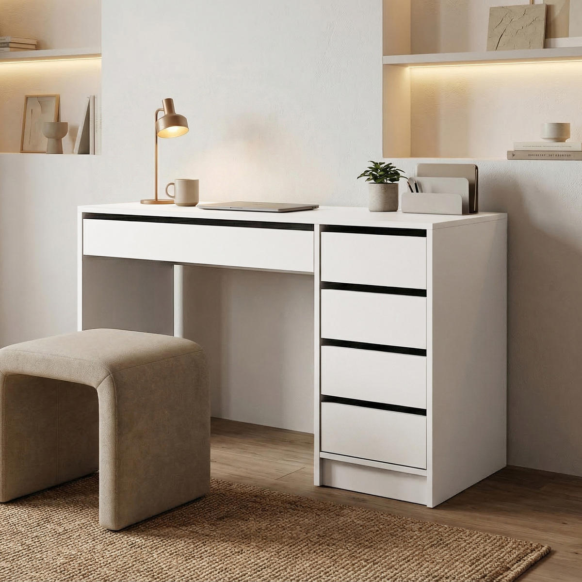 SCHREIBTISCH Malta mit 5 Schubladen, grifflos, Weiß - Weiß, Holzwerkstoff (57/120/75.5cm) - Beautysofa