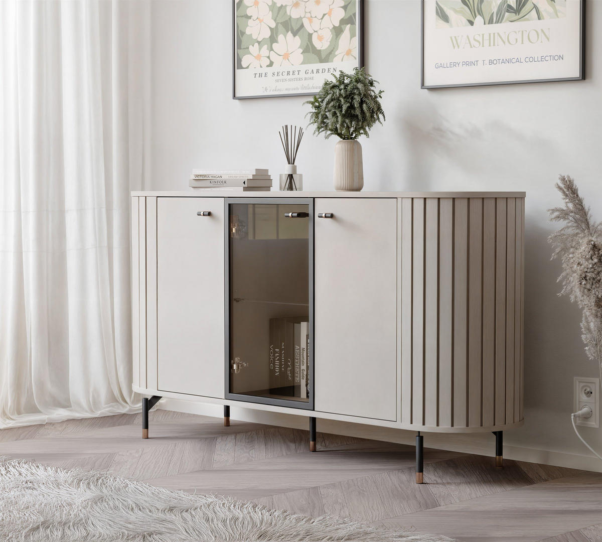 KOMMODE geriffelt, dreitürig, Kaschmir - Kaschmir, Holzwerkstoff (190/81/40cm) - Idohome