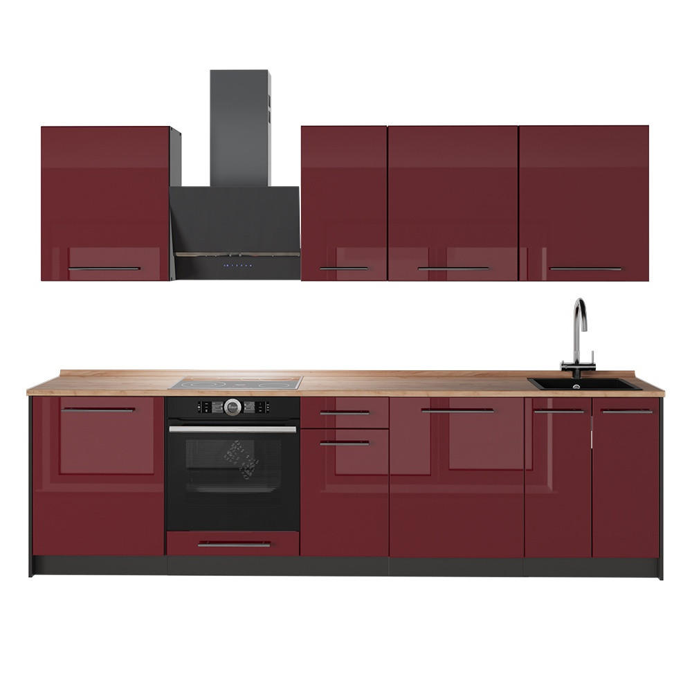 KUCHYNKA Fame-Line, Bordeaux vysoký lesk/antracitová, 280 cm, AP Oak - bordová/antracitová, kompozitné drevo (280/206.8/60cm) - Vicco