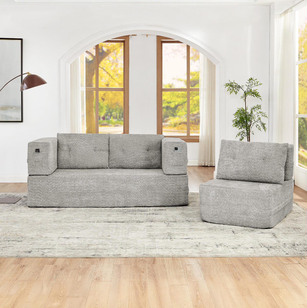 SCHLAFSOFA klappbar als 2-in-1 Modulsystem mit Sessel, Memory-Schaum und Seitentaschen, Hellgrau - Hellgrau, Textil (199/39/194cm) - Redom