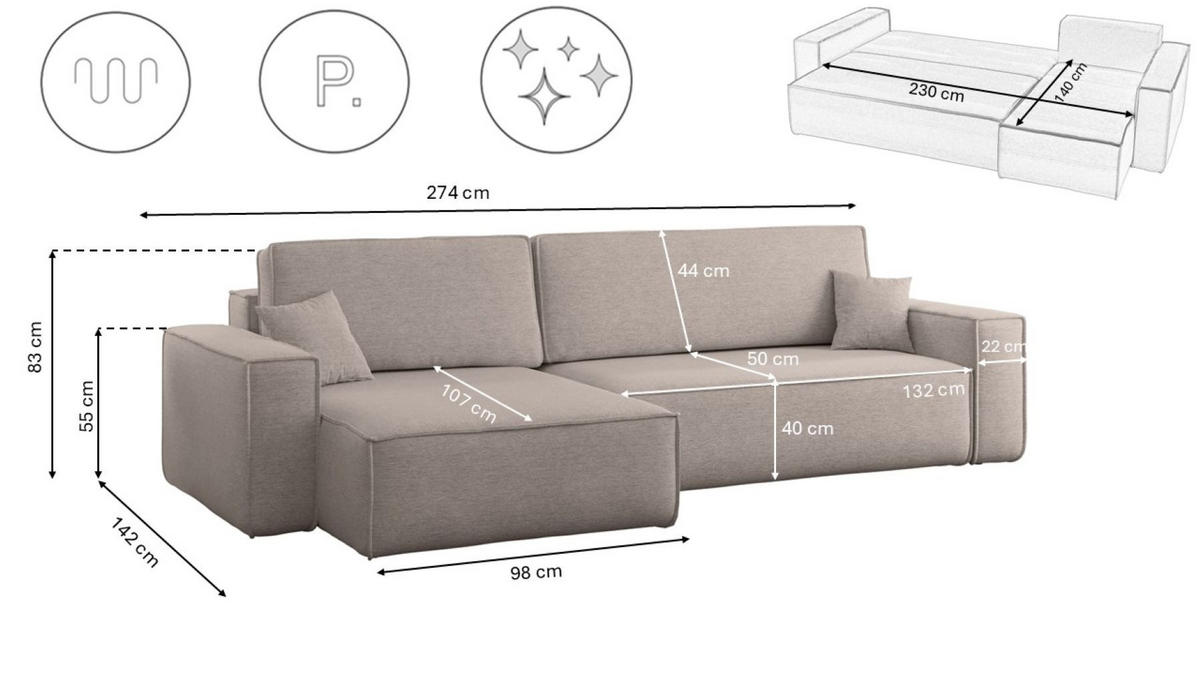 ECKSOFA Mit Schlaffunktion Und Bettkasten, Eckcouch Best XL Stoff Verita Beige Links - Beige, Holz (145/274cm) - Kaiser Möbel