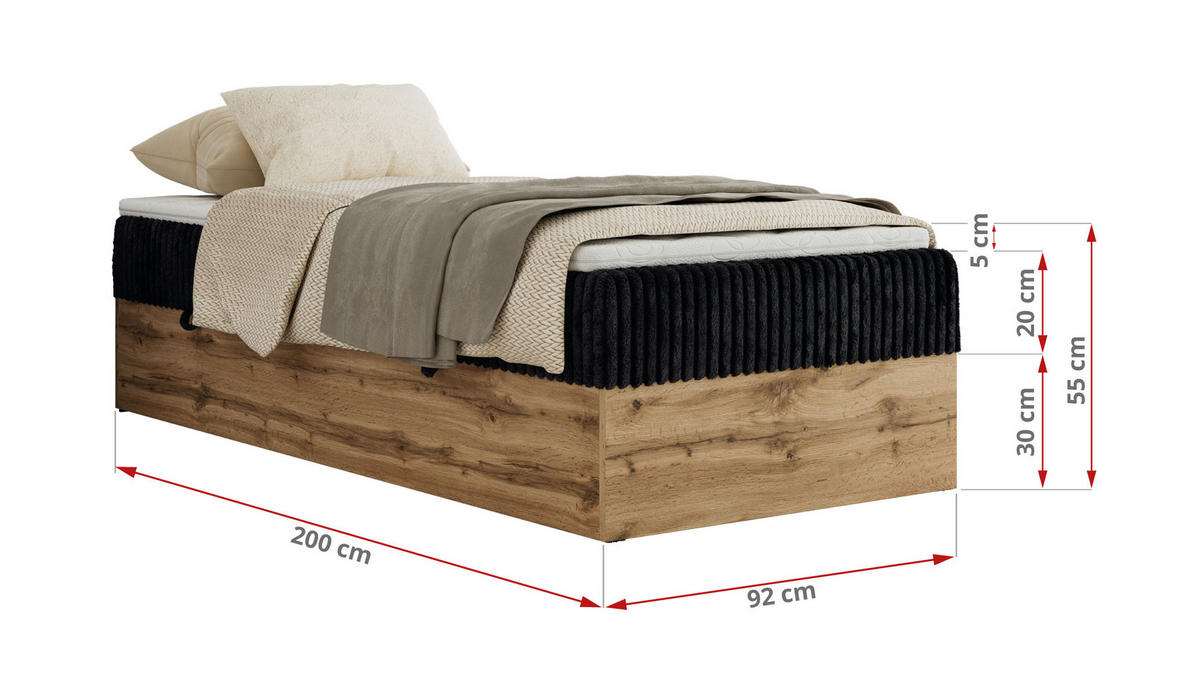 BOXBETT WOOD ZERO 90/200 - Schwarz Cord - H4 - Topper Visco - Schwarz, Textil (90/200cm) - MKS