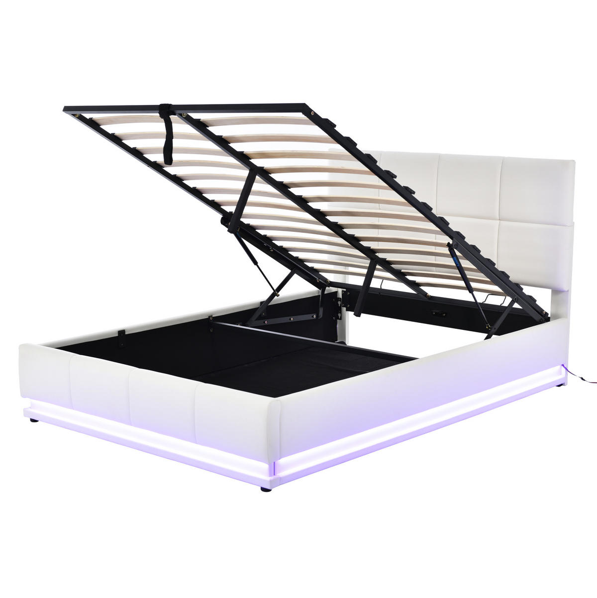 POLSTERBETT 140/200 cm mit LED-Beleuchtung, hydraulischem Bettkasten und Lattenrost, Kunstleder, Weiß - Weiß, Textil (140/200cm) - Redom