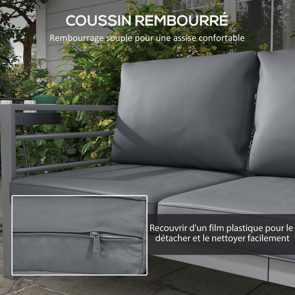 LOUNGESOFA DE-18095 3 Sitzer, abnehmbare Kissen Grau - Grau, Metall (66/64/185cm) - ComfortXL