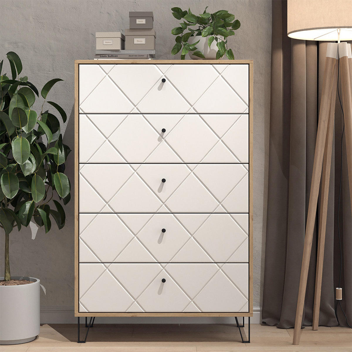 KOMMODE Nizza Artisan/Weiß 80.2 x 127.4 cm mit 5 Schubladen - Eiche Artisan/Weiß, Holzwerkstoff (80.2/127.4/40.1cm) - Vicco