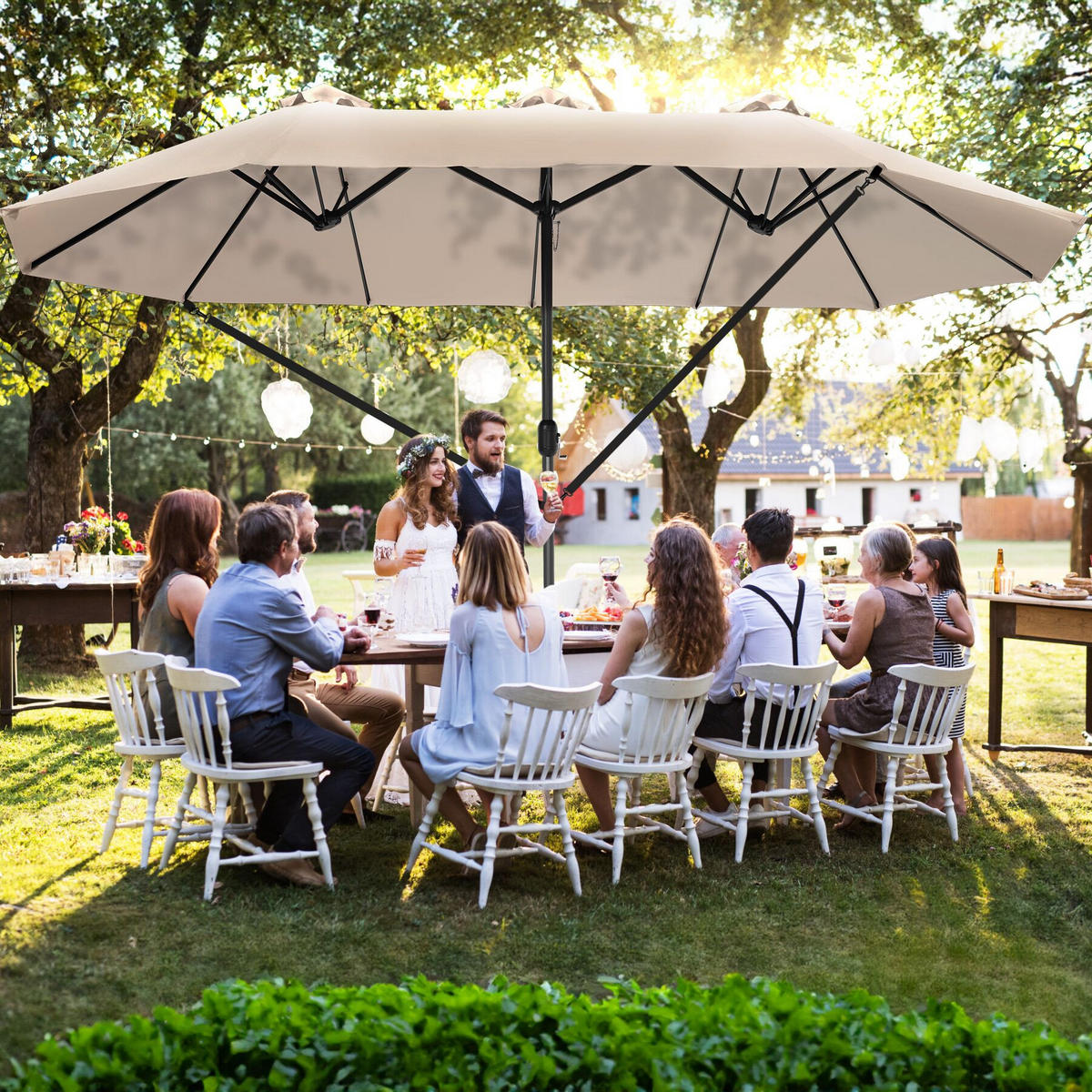 SONNENSCHIRM Silia, UV-Schutz 50+, inklusive Windsicherung und Schutzhülle, beige - Beige, Metall (270/460cm) - tectake