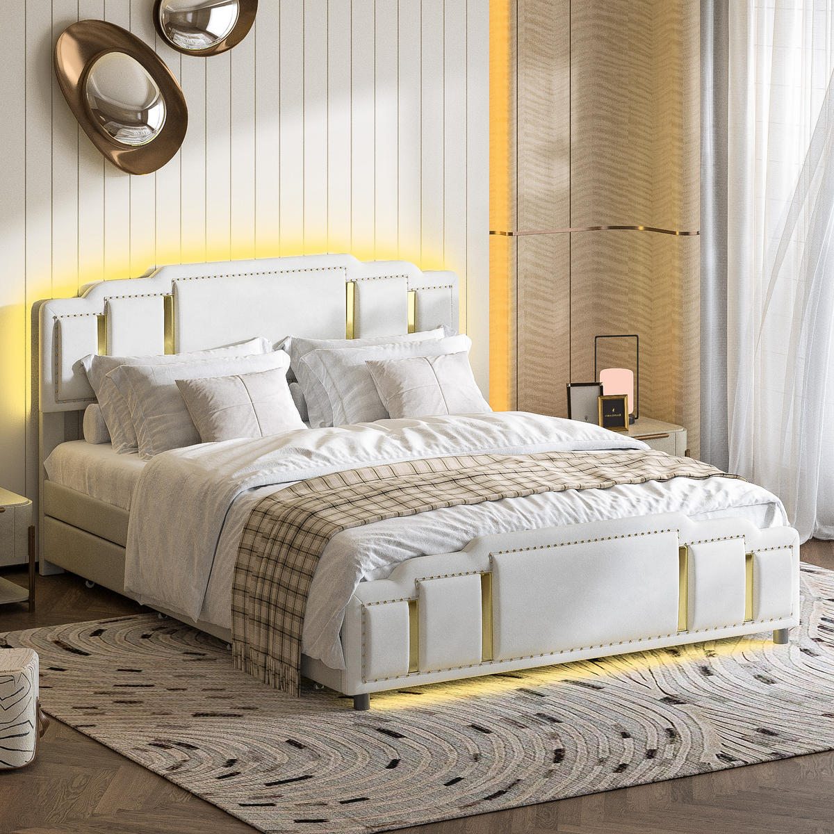 POLSTERBETT 160/200 cm aus Samt mit 4 Schubladen - Beige, Textil (160/200cm) - Flora Grace