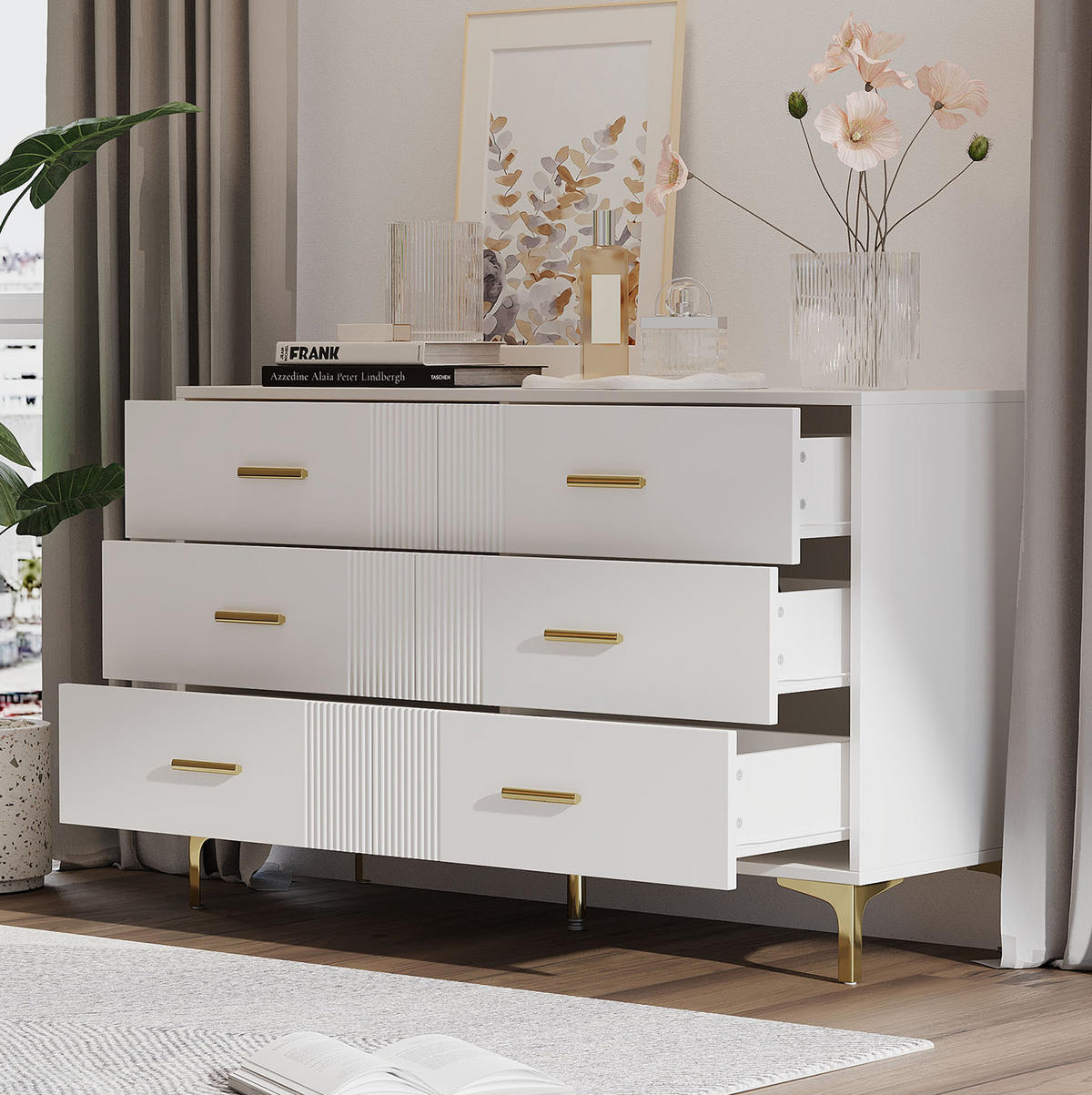 KOMMODE 120/40/76 cm aus MDF mit 6 Schubladen und Wellenfront Weiß - Weiß, Holzwerkstoff (120/76/40cm) - Modenvie