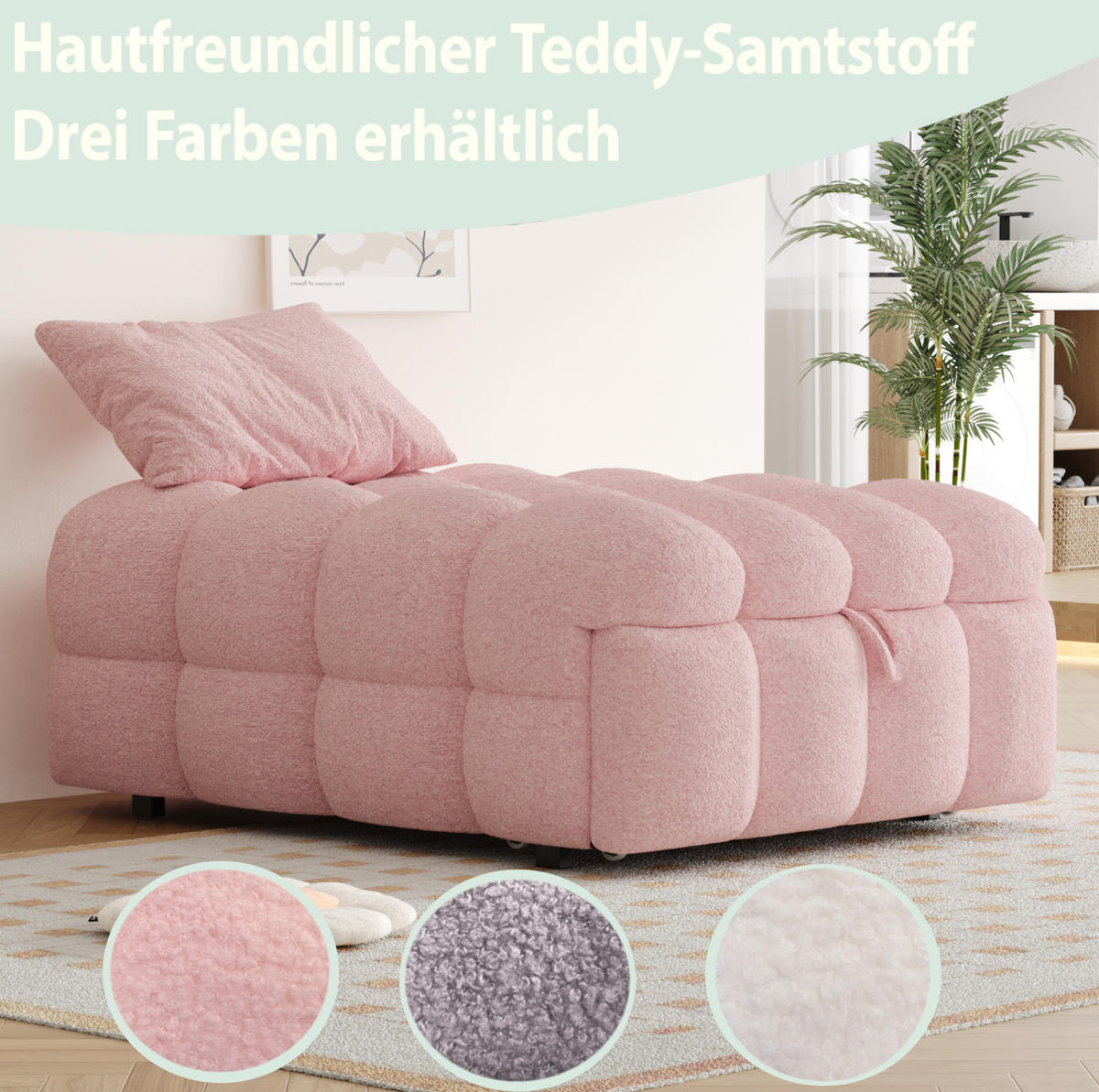 BETT 183/76/42 cm Rosa aus Teddy mit 2-in-1-Funktion - Rosa, Textil (70/180cm) - OKMYHOME