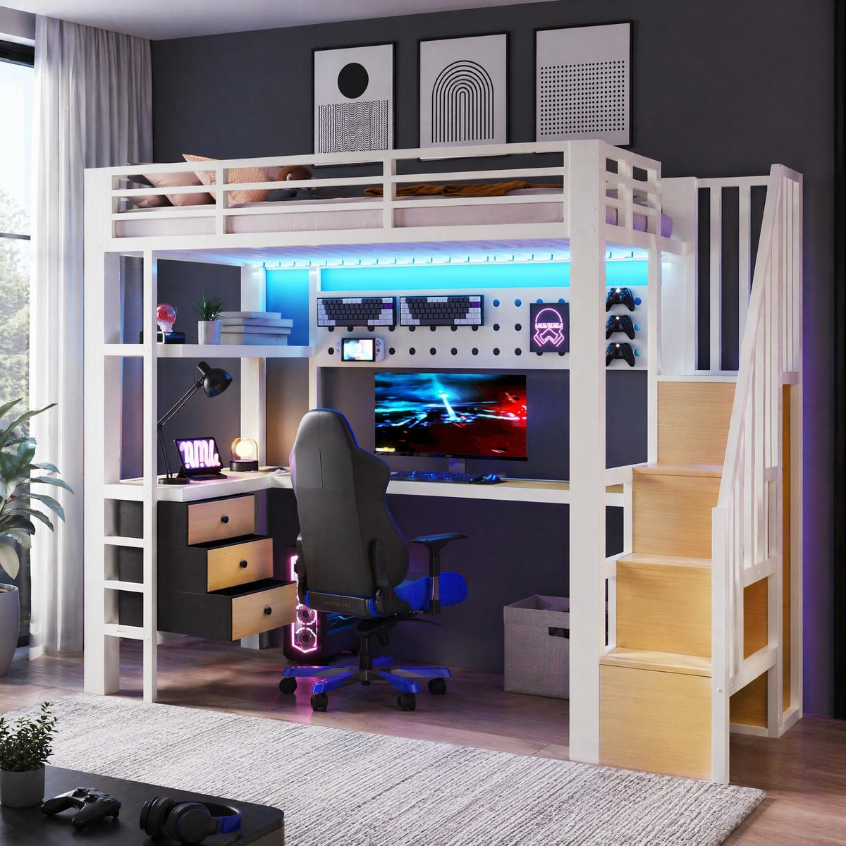 HOCHBETT 90/200 cm aus MDF und Metall mit Schublade, Lochwand, Tisch, LED-Licht, Weiß - Weiß, Holzwerkstoff (90/200cm) - OKMYHOME