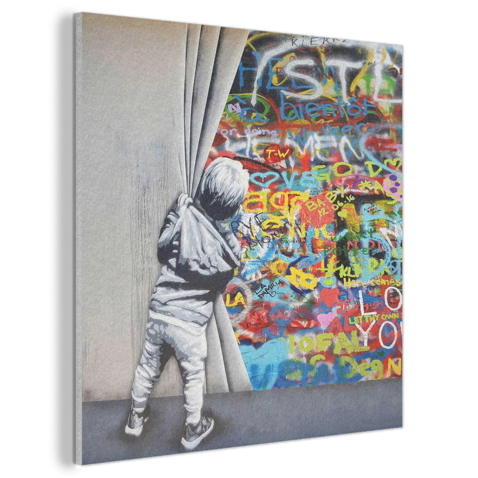 AKUSTIKBILD Graffiti - Junge - Ilussie - Straßenkunst Akustikpaneele 90x90 cm - Hellgrau, Textil (90/90/0.9cm) - MuchoWow