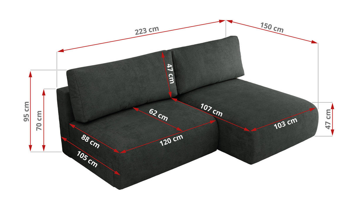 ECKSCHLAFSOFA VIVO L Dunkelgrau Struktur - links - Dunkelgrau/Schwarz, Kunststoff/Textil (223/150cm) - MKS