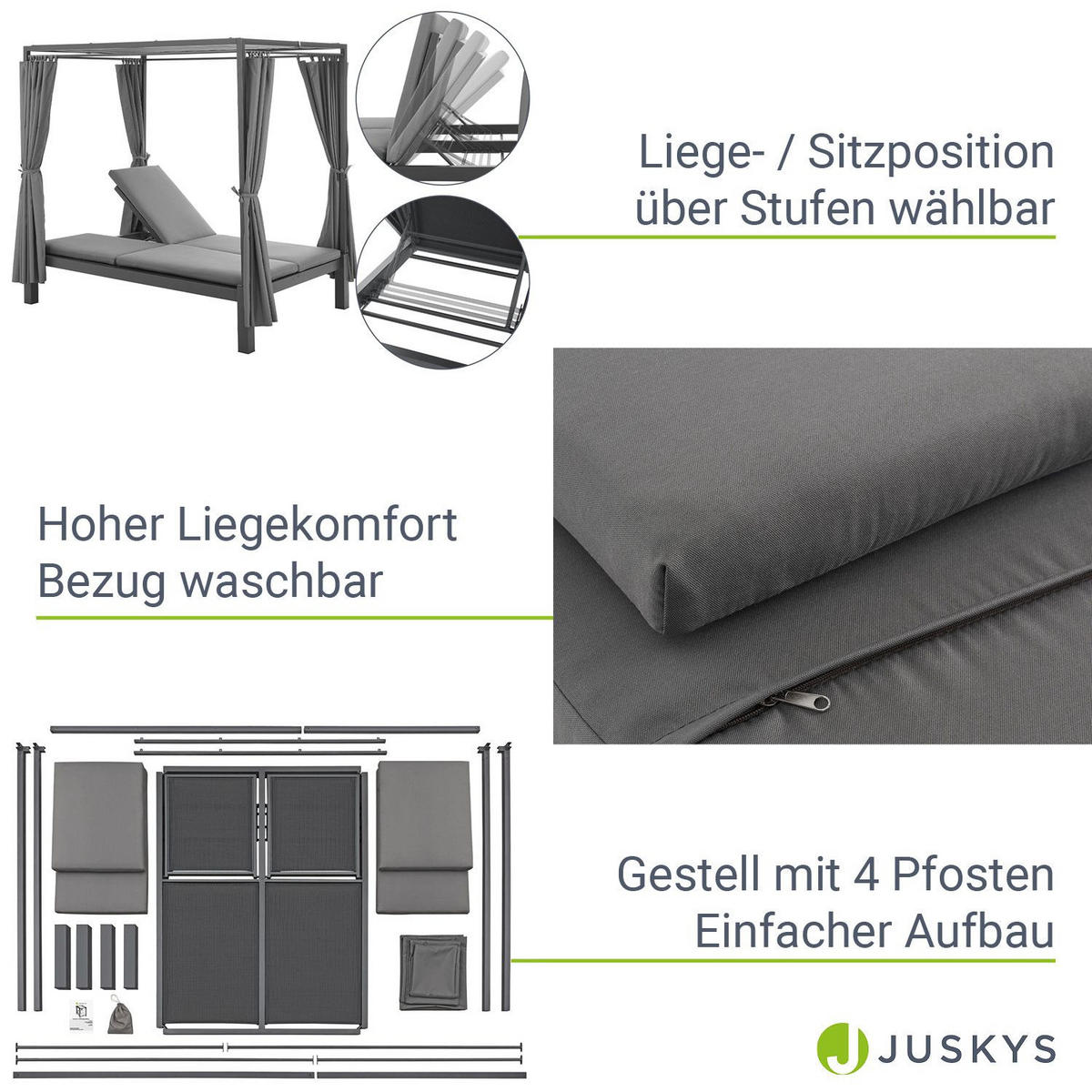 DOPPELLIEGE Loungebett Kreta grau/ dunkelgrau - Grau, Metall (147/207/207cm) - Juskys