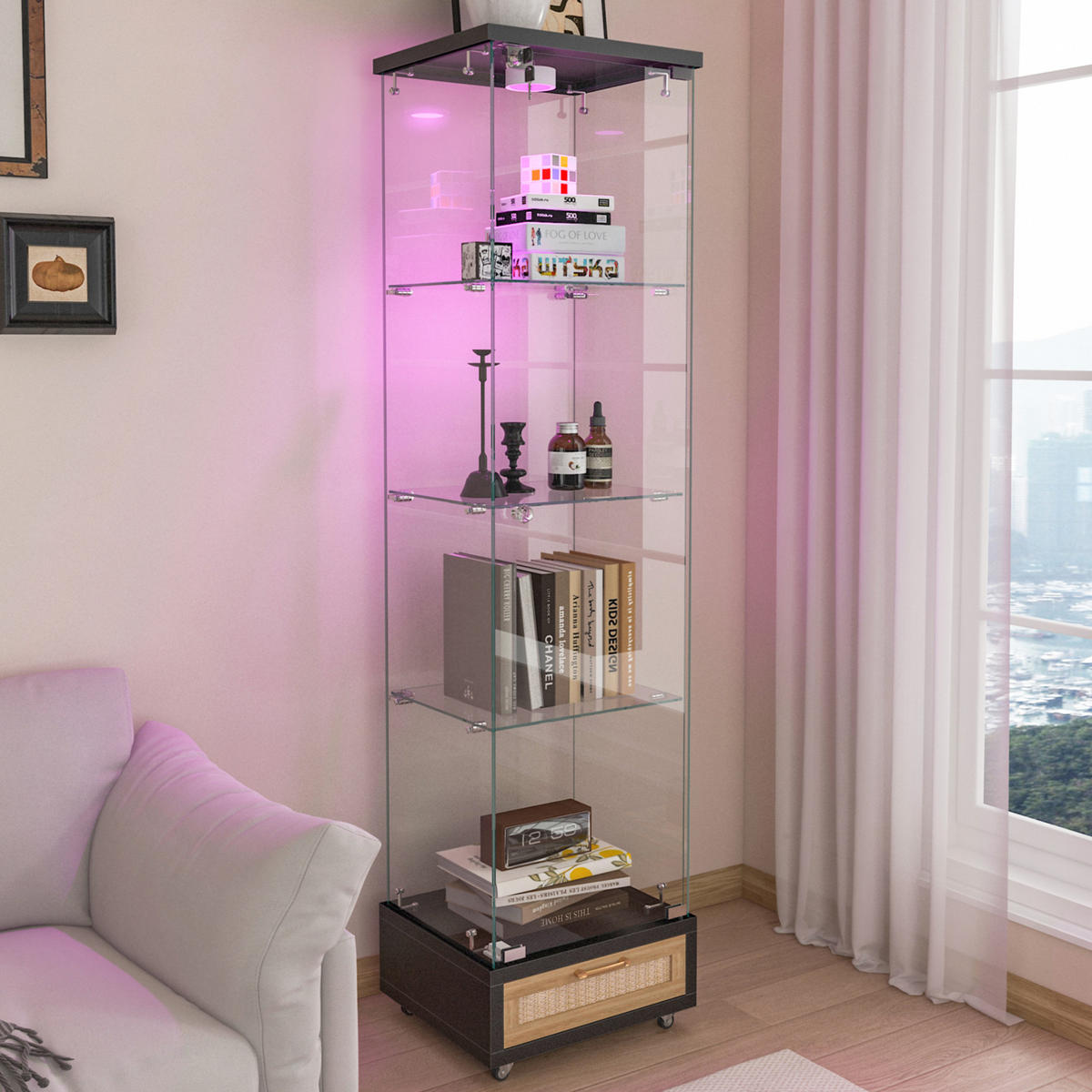 VITRINE 42,5/36,5/167 cm in Schwarz mit LED-Beleuchtung und Rollen - Schwarz, Holzwerkstoff (42.5/167/36.5cm) - Flora Grace