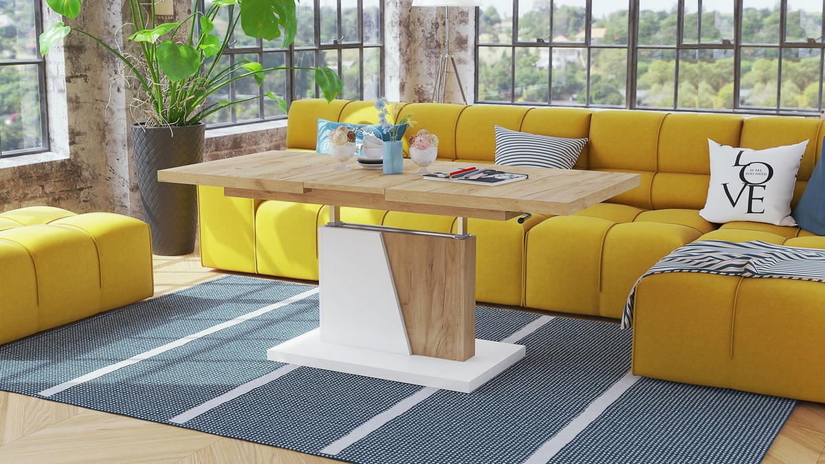 COUCHTISCH rechteckig Eiche Gold - Weiß matt ausziehbar höhenverstellbar - Eichefarben, Holzwerkstoff (70/120/60cm) - designimpex
