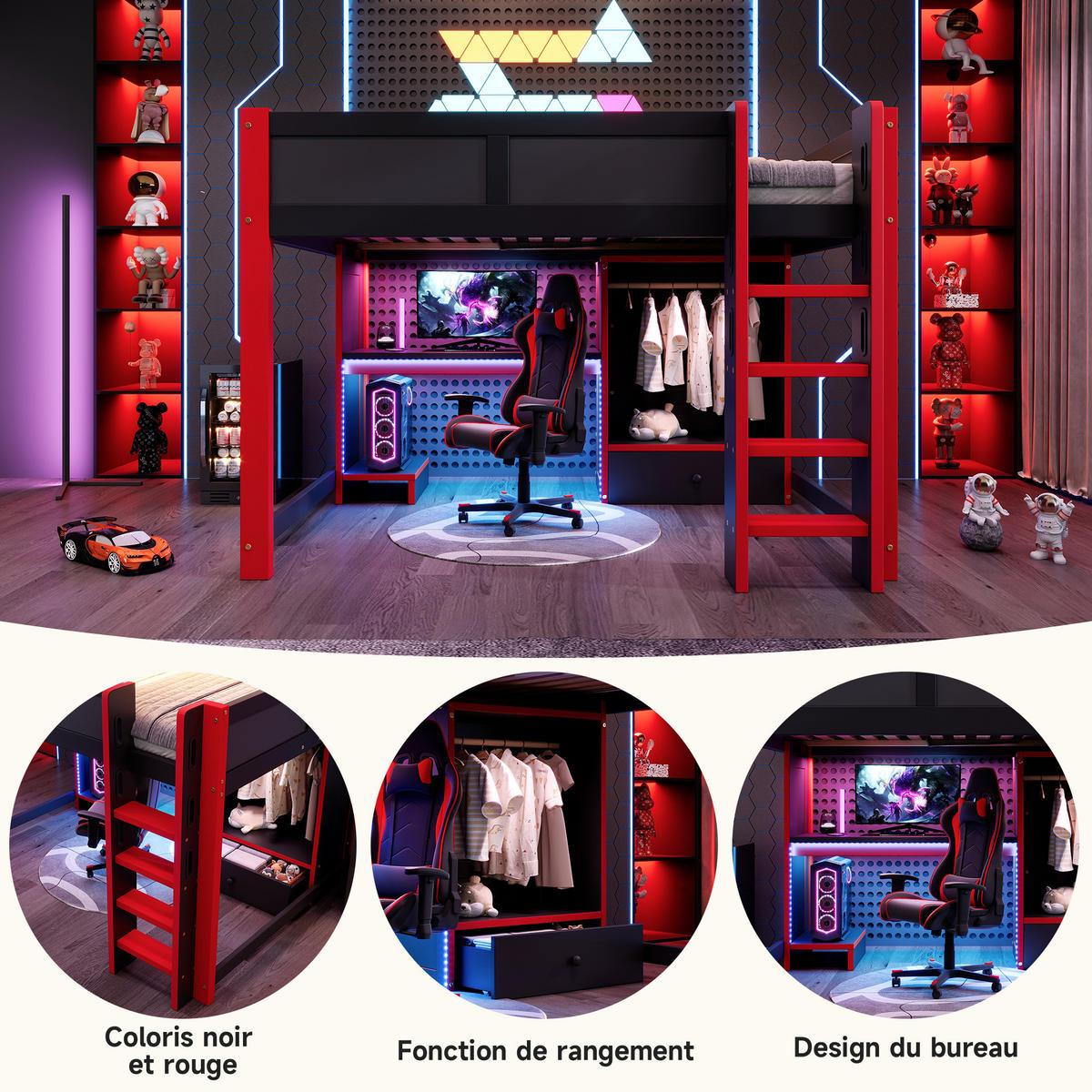 HOCHBETT 140x200 cm LED Schreibtisch Gaming schwarz rot - Schwarz, Holz (140/200cm) - LEBENLANG