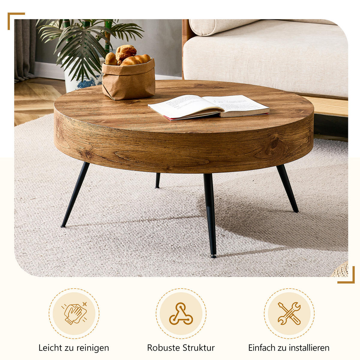 COUCHTISCH 70 cm in Holzoptik mit Metallbeinen, Höhe 35,5 cm - Schwarz, Holzwerkstoff (70/70/35.5cm) - BEAOK