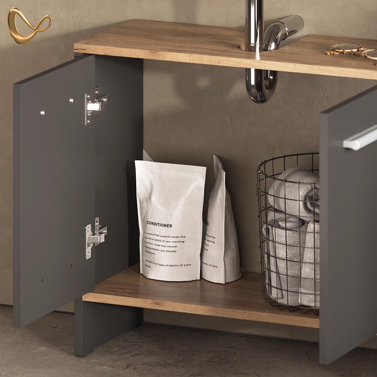 BADEZIMMERMÖBEL-SET Amalfi Anthrazit/Goldkraft Eiche 2 Teile - Honigeiche/Anthrazit, Holzwerkstoff (63.8/57/26.3cm) - Livinity®
