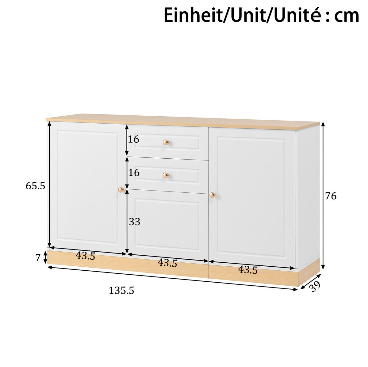 SIDEBOARD 135,5/39/76 cm mit 3 Türen & 2 Schubladen in Weiß und Holzoptik - Weiß, Holzwerkstoff (135.5/76/39cm) - BEAOK