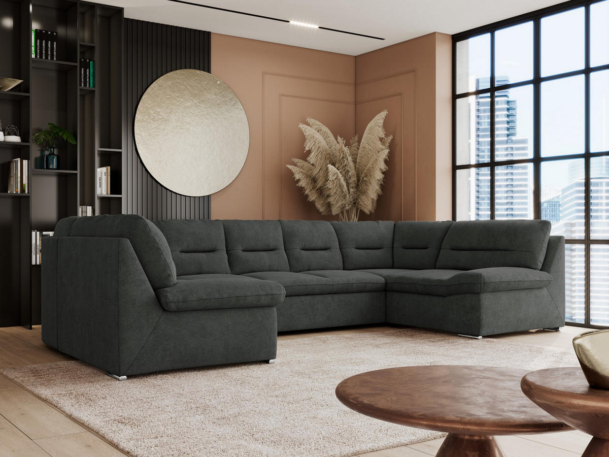 WOHNLANDSCHAFT COMODO U Dunkelgrau Struktur - Dunkelgrau/Silberfarben, Textil/Metall (340/93/206cm) - MKS